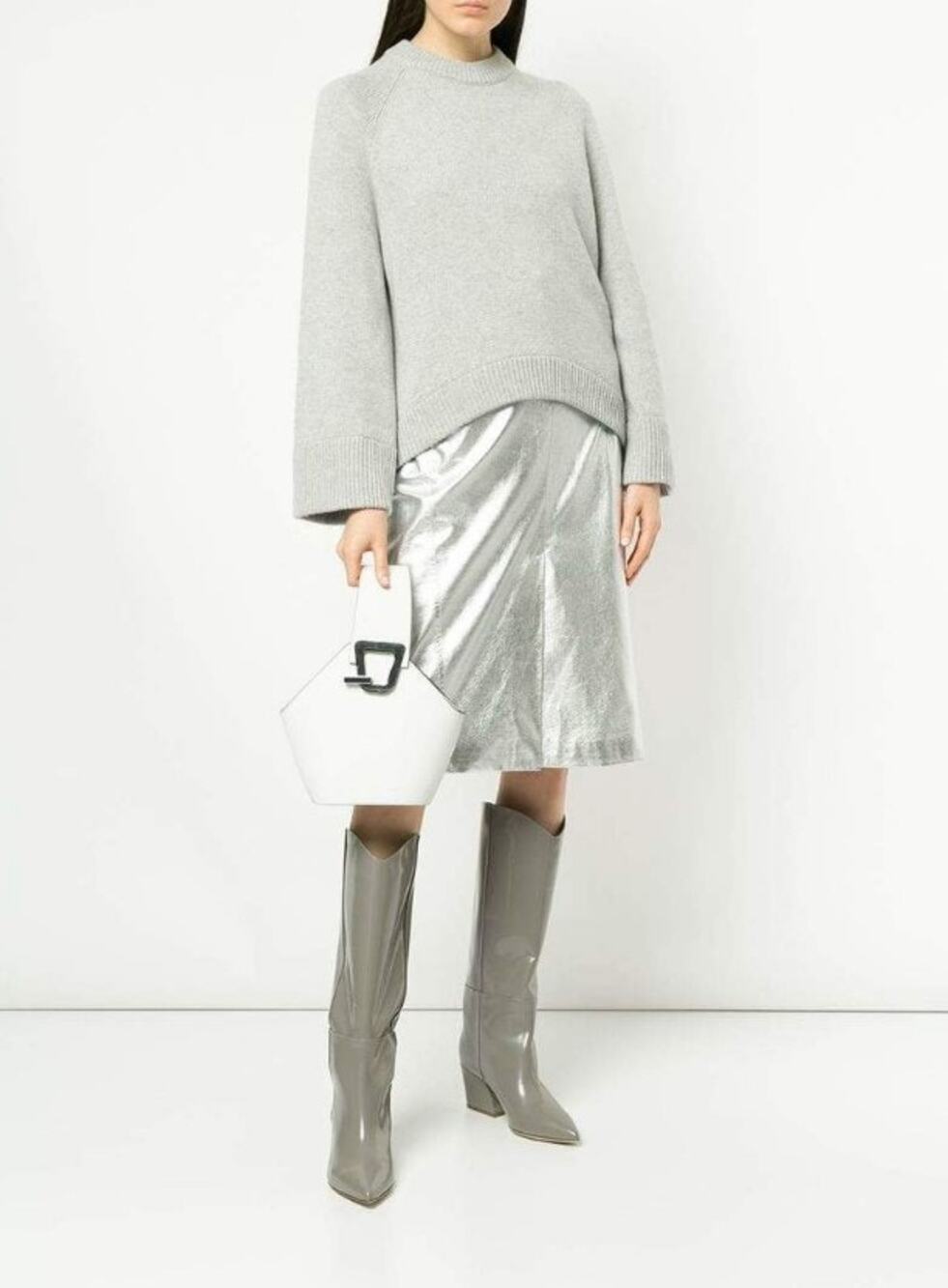 Tibi Tech Leather Trouser Skirt - Silver